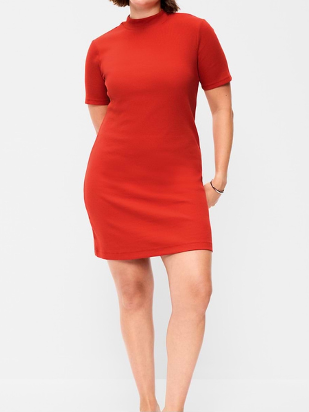 Women’s Red Ribbed Crewneck body con mini Sweater Dress